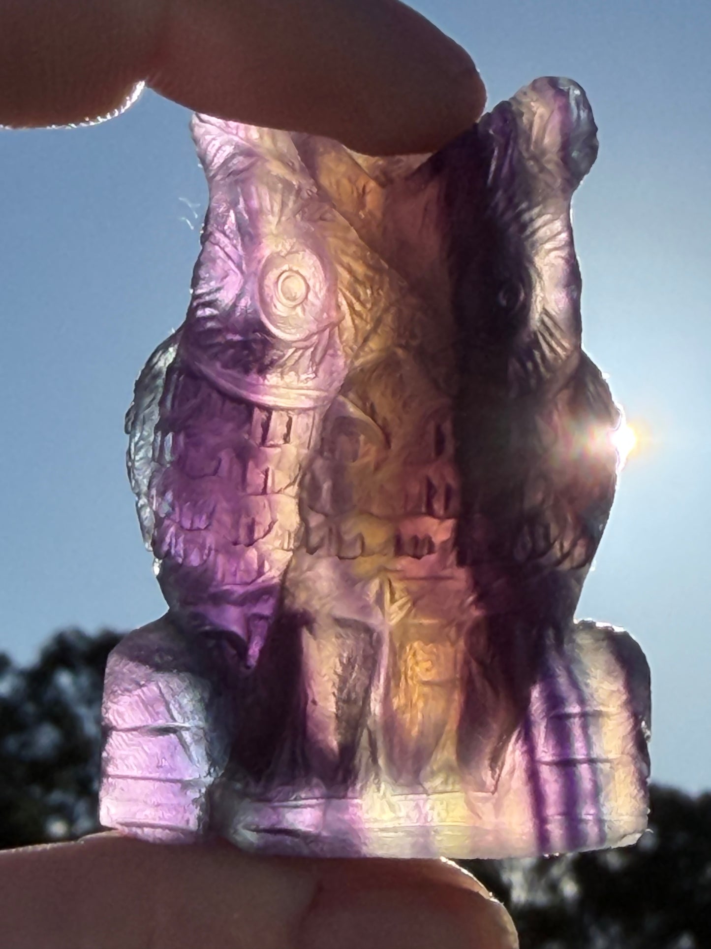 Sunset Rainbow Fluorite Owl Carving – 5.1cm