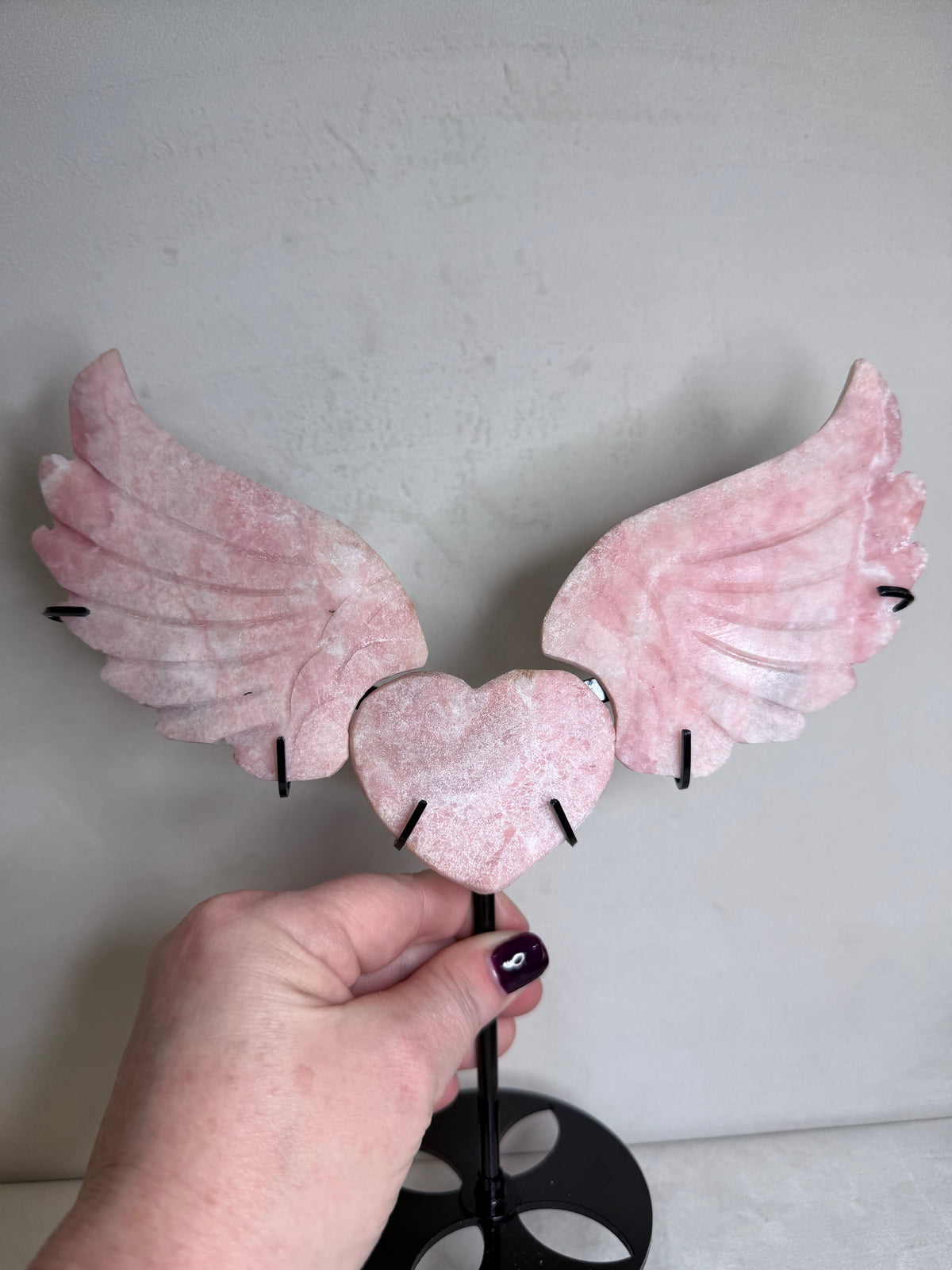 Pink Opal Angel Wings with Heart on Stand – 25cm