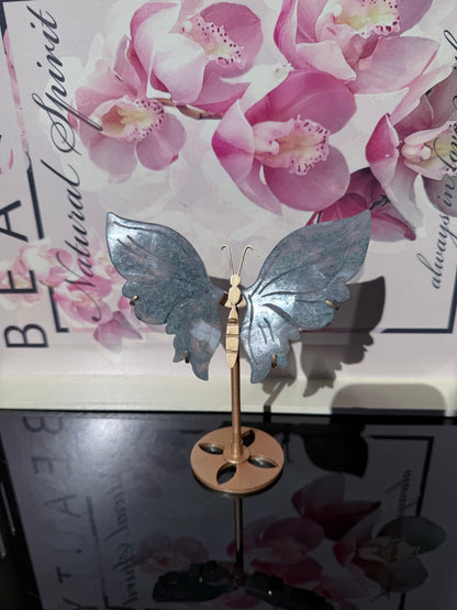 Moss Agate Butterfly On Gold Stand