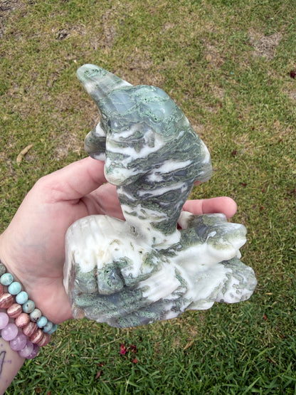 Moss Agate Dolphin Carving — 762g