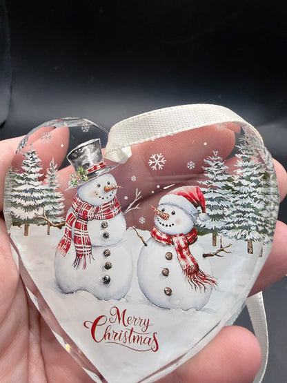 Glass Heart Ornament – Snowman Christmas Scene