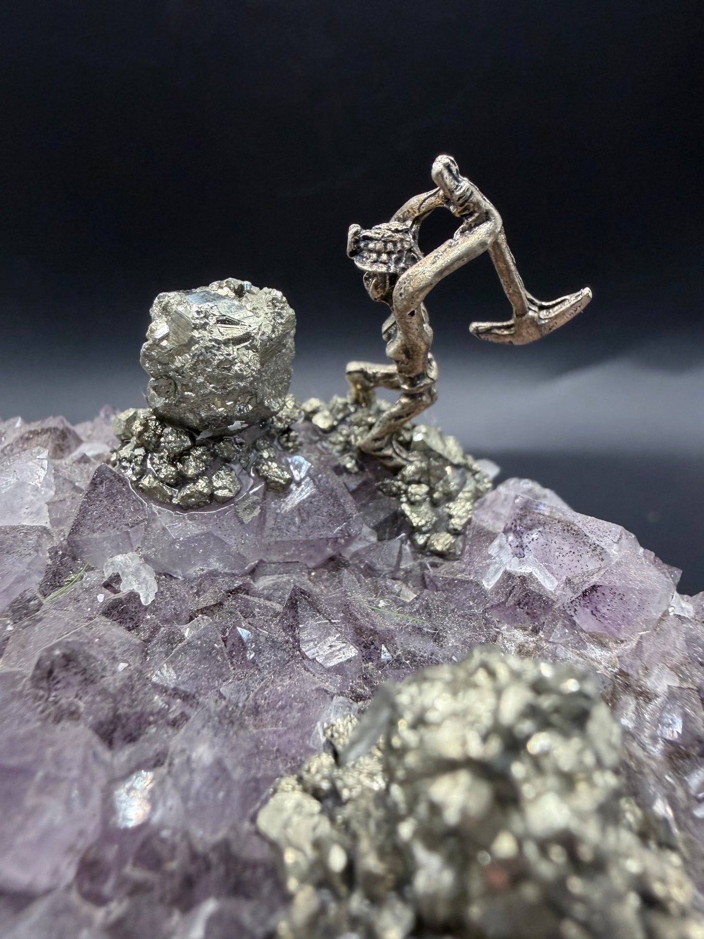 Amethyst Cluster with Pyrite Miner Figures – Collector Specimen