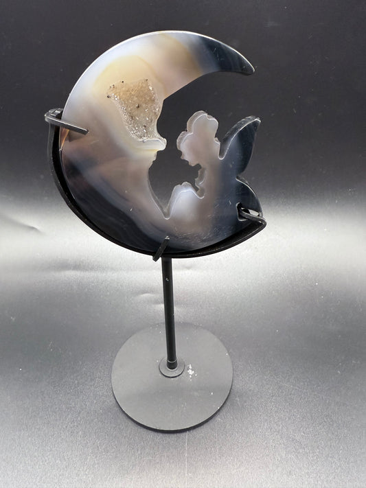 Agate Moon & Fairy with Druzy Cavern