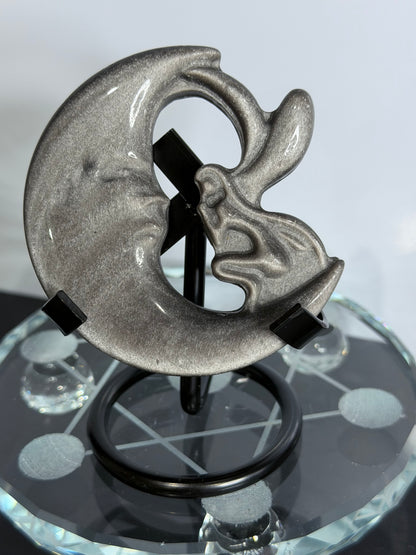 Silver Sheen Obsidian Fairy & Moon Carving On Stand