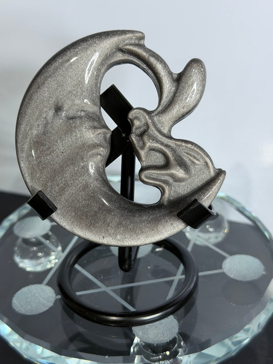 Silver Sheen Obsidian Fairy & Moon Carving On Stand
