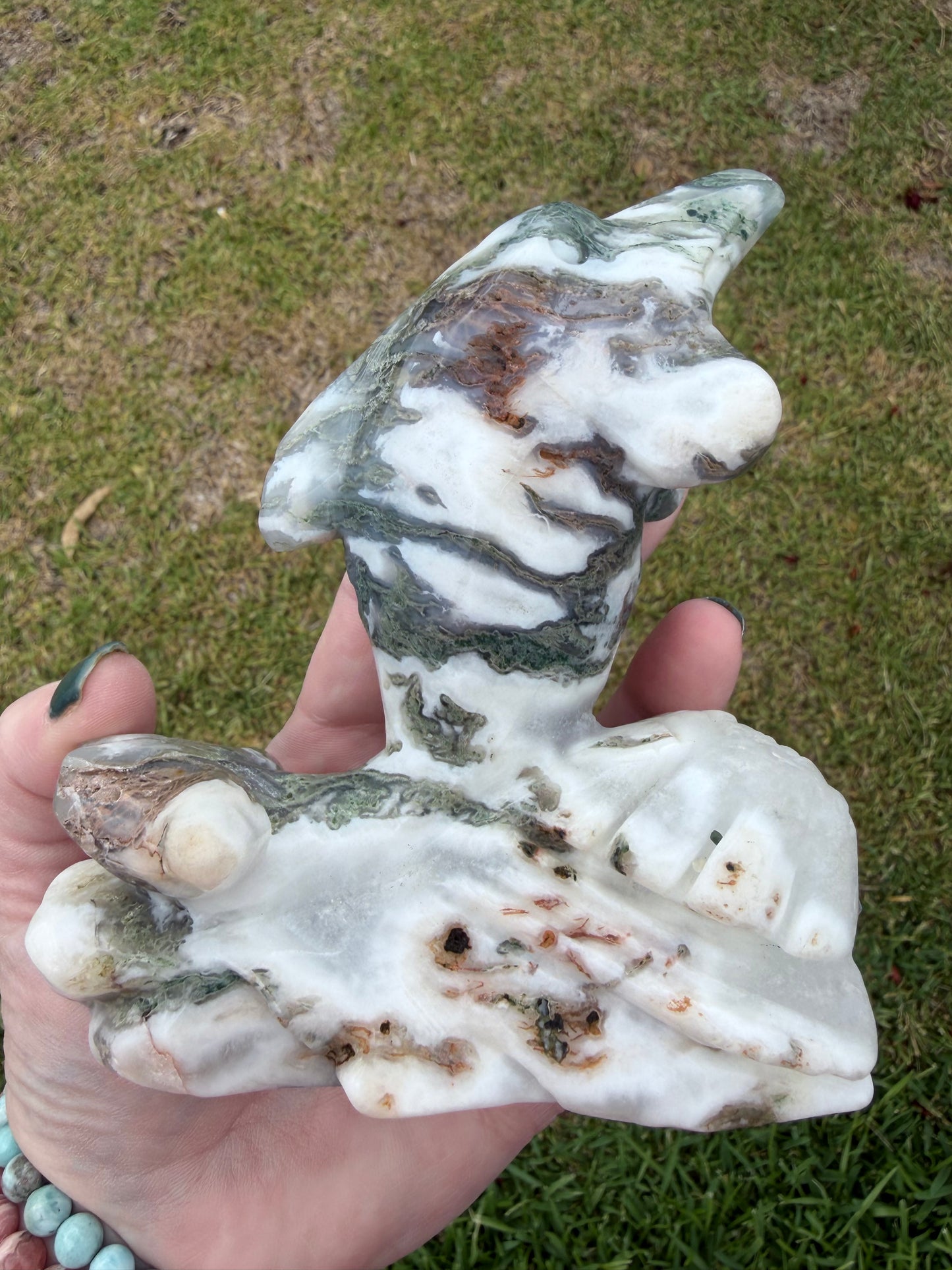 Moss Agate Dolphin Carving — 762g