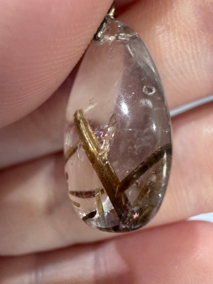Green Tourmaline in Quartz Pendant with 925 Bail & Cord (2.2cm)