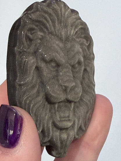 Silver Sheen Obsidian Lion Head Carving – 6.5cm