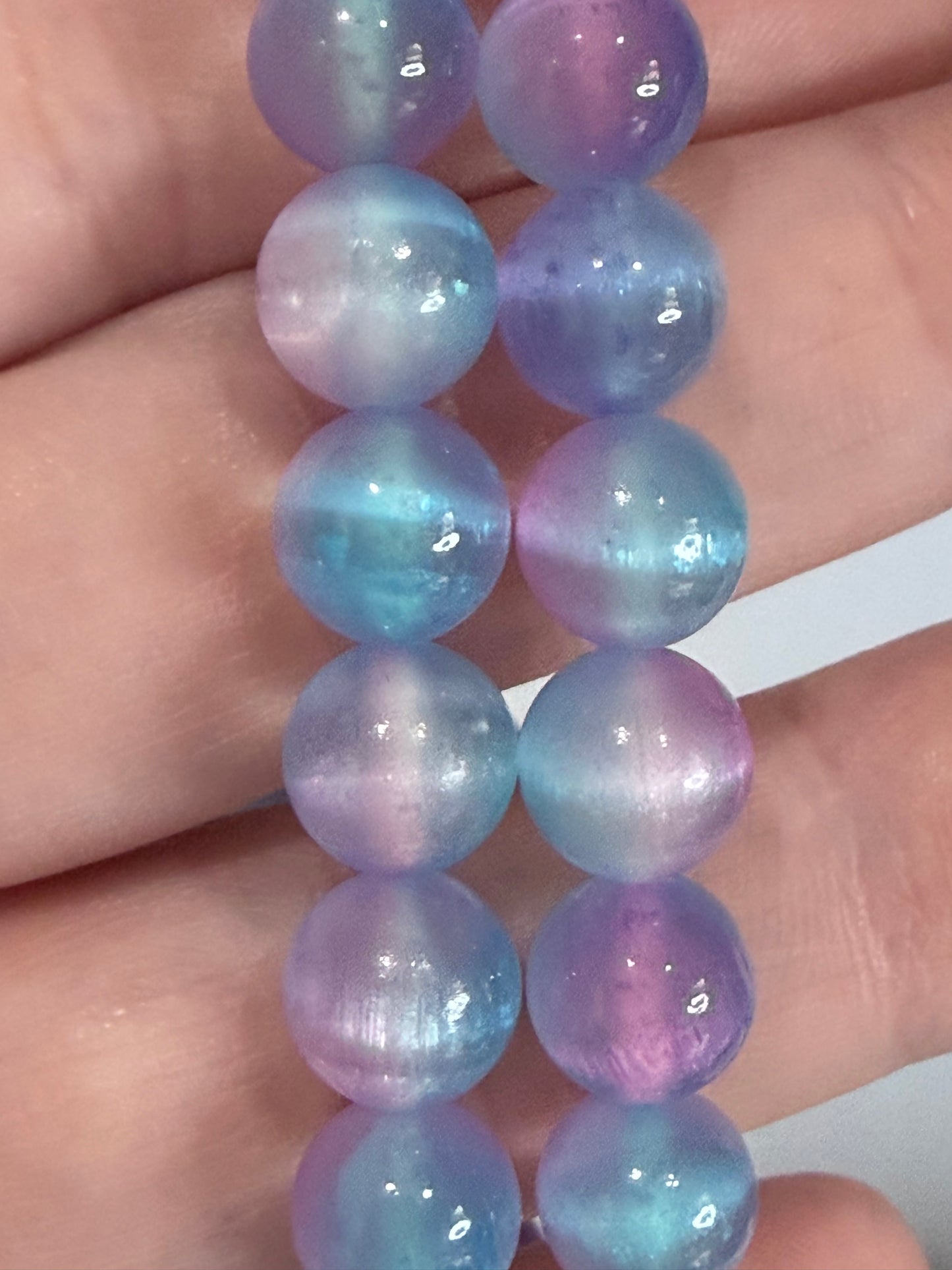 8mm Blue & Pink Selenite Bracelet – | Soft Dual Tone Satin Spar Glow - Encourages peace & relaxation