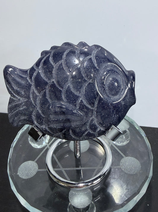 BLUE AVENTURINE FISH CARVING ON STAND
