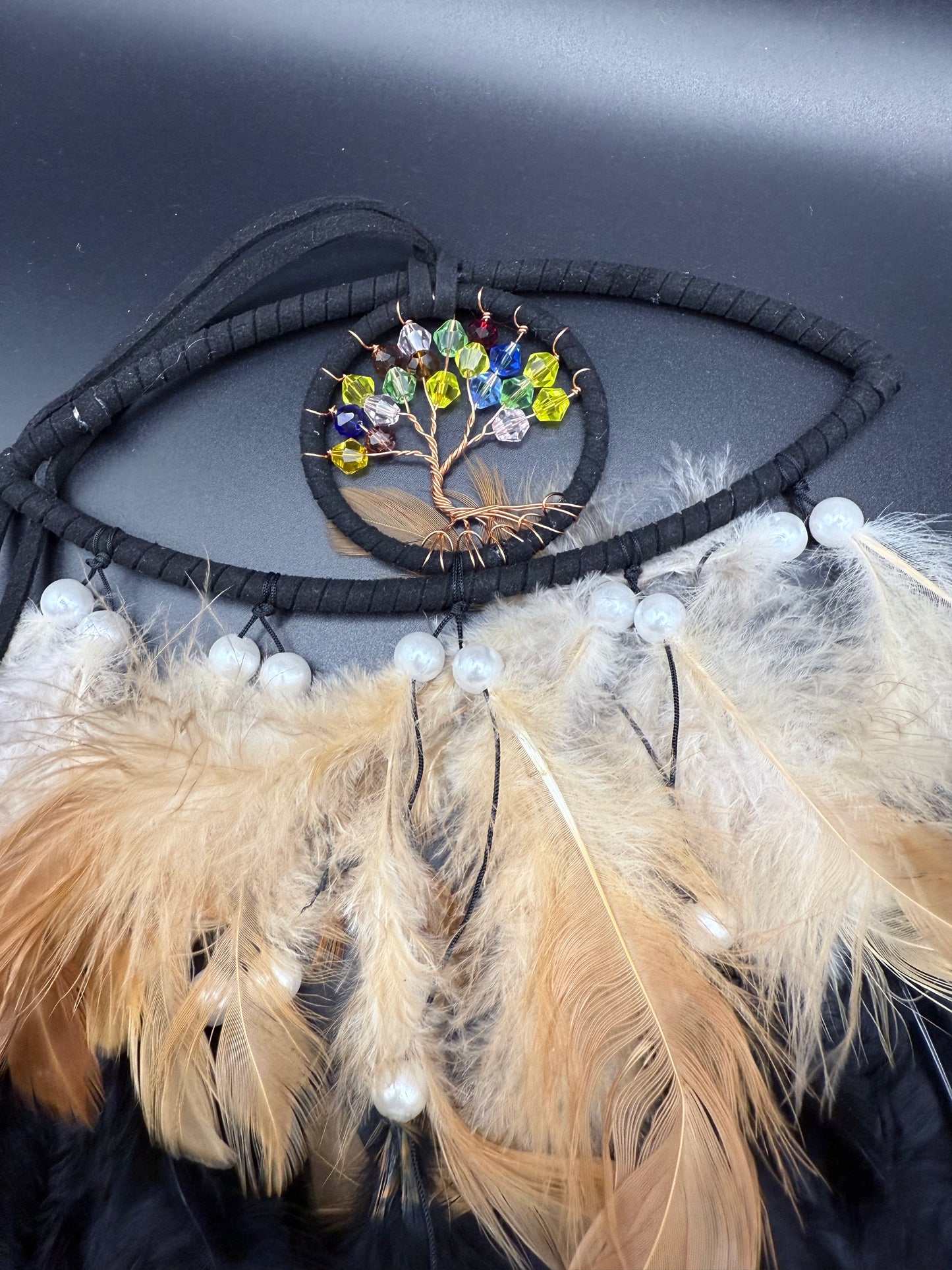 Tree of Life Dreamcatcher with Golden & Black Feathers – 37cm