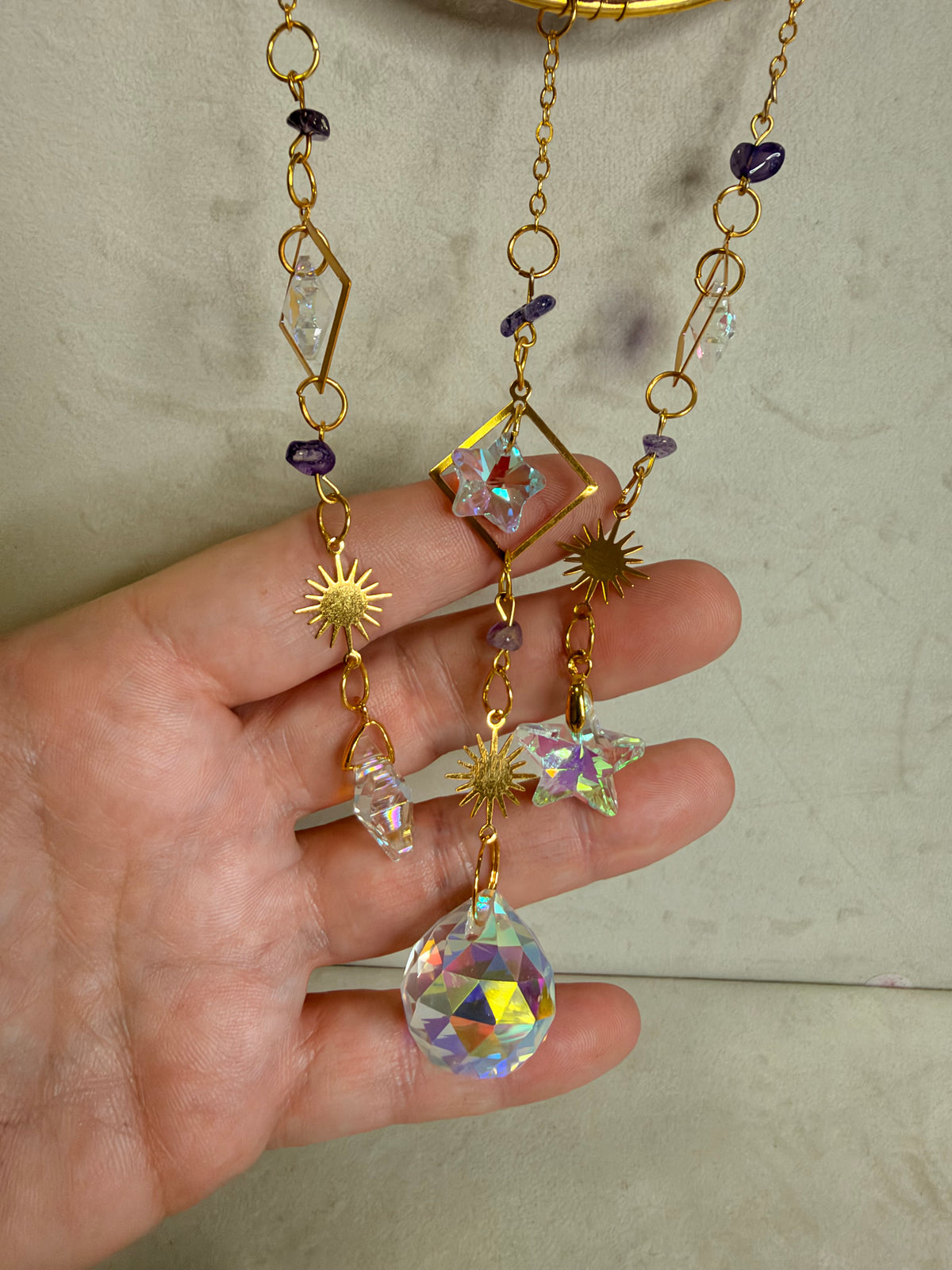 Amethyst Crescent Moon Suncatcher with Rainbow Stars – 35 × 10cm