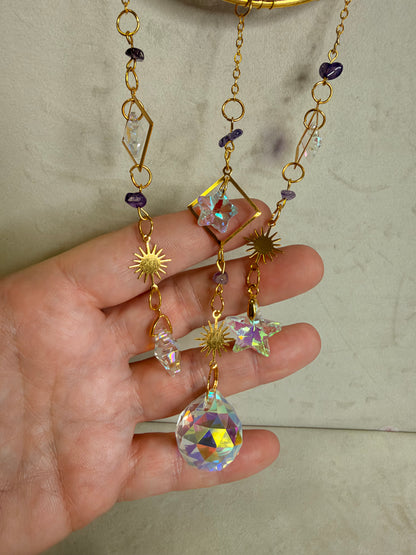 Amethyst Crescent Moon Suncatcher with Rainbow Stars – 35 × 10cm