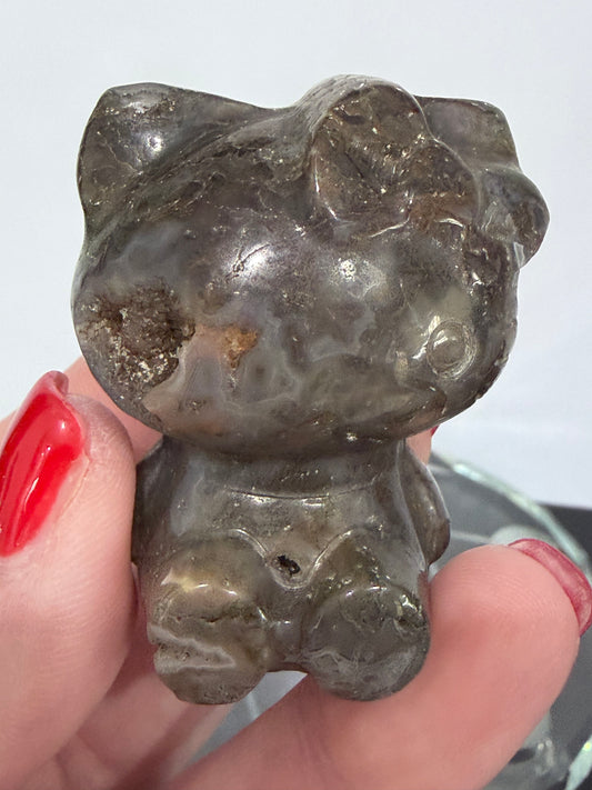 Hello Kitty Moss Agate Crystal Carving – 5cm Druzy Pocket