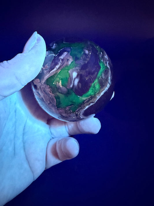 Volcano Agate Sphere – UV Reactive Green Glow 6.2cm
