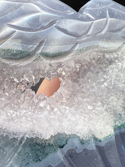 Stunning Agate Druzy Heart with Carved Feathers