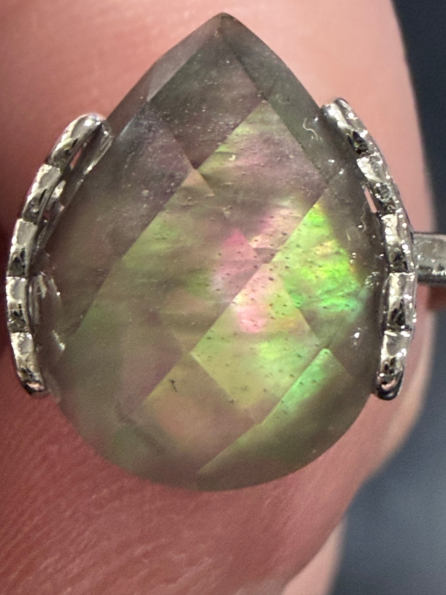 Natural Labradorite Ring | Faceted Teardrop Adjustable Ring