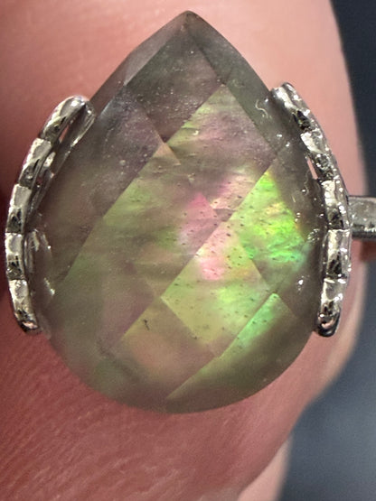 Natural Labradorite Ring | Faceted Teardrop Adjustable Ring