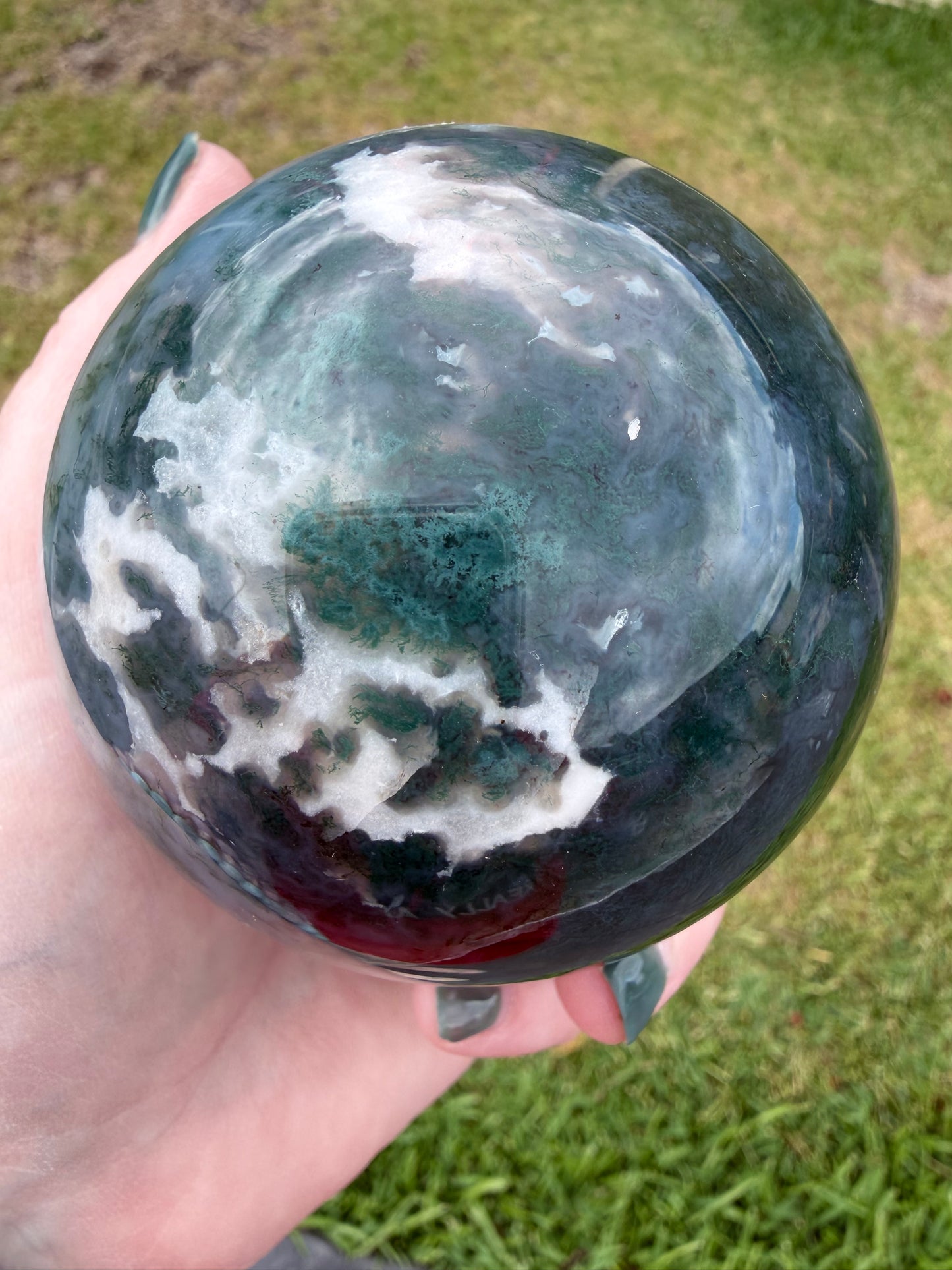 Moss Agate Sphere 7.8cm (658g) | Green & White with Red Inclusion
