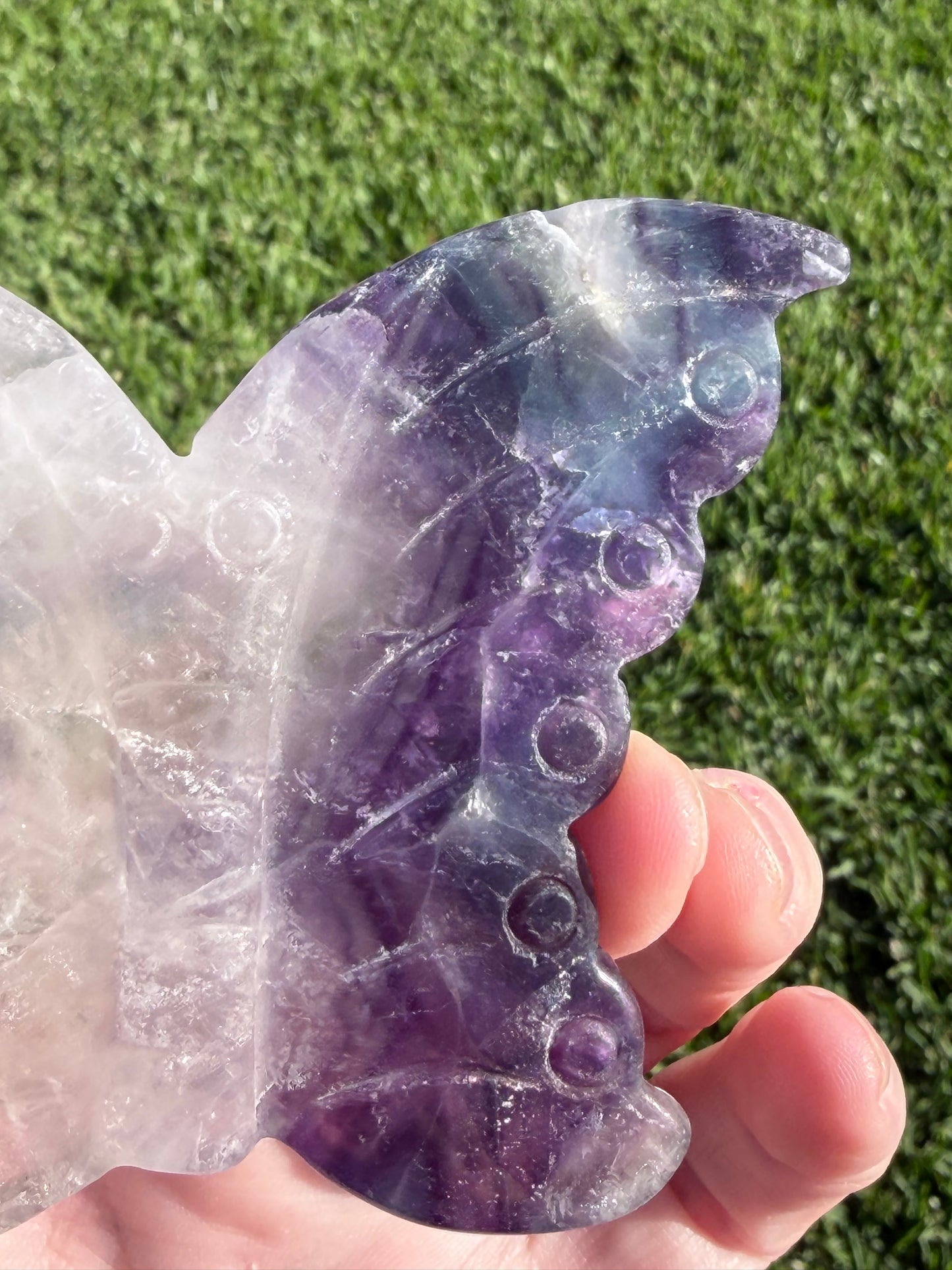 Rare White & Blue Rainbow Fluorite Butterfly Carving 7cm with Stand