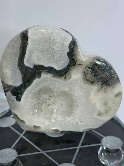 Moss Agate Druzy Heart with Stand 9.2cm -