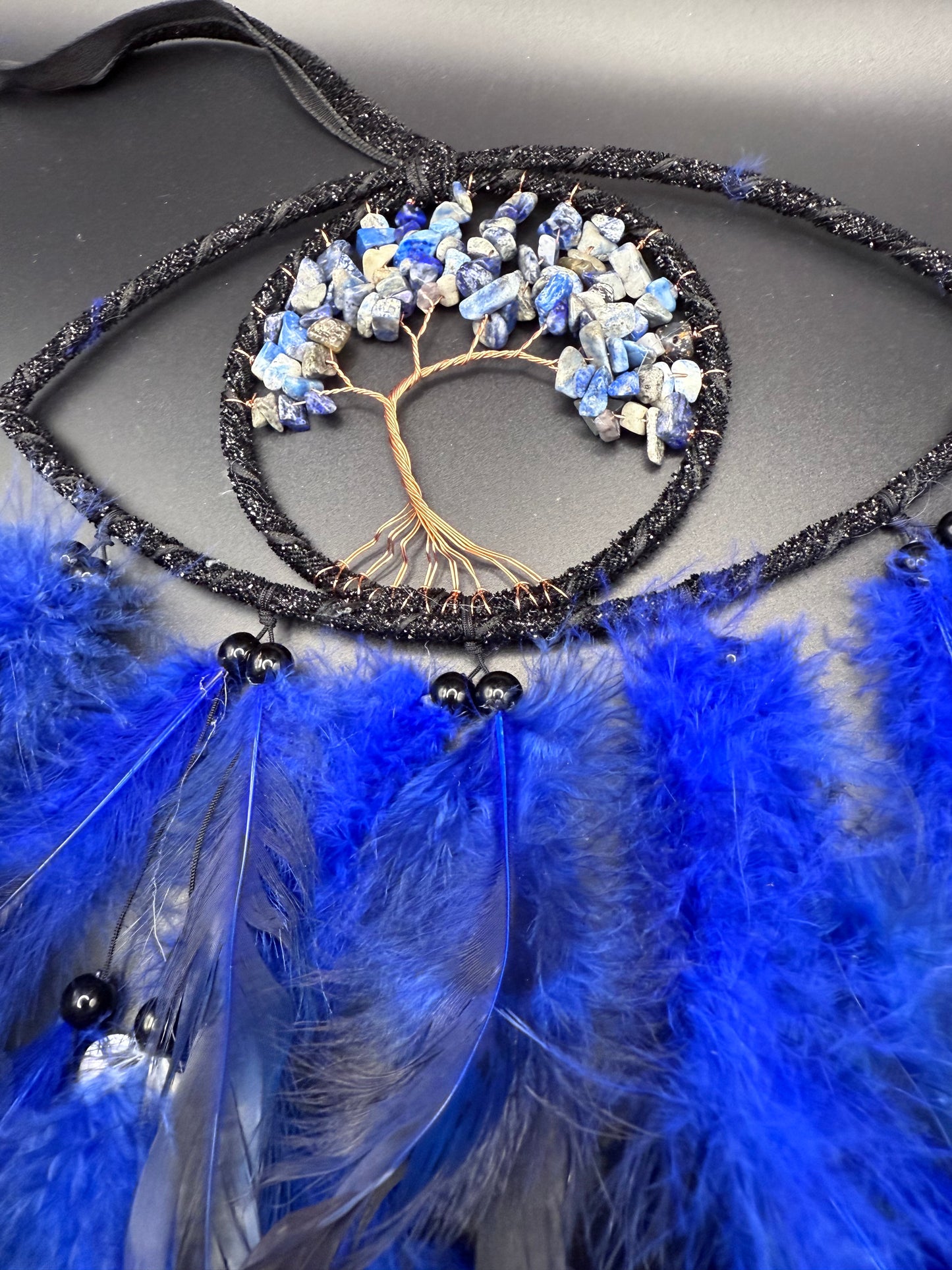 Blue & Black Dreamcatcher with Lapis Lazuli Tree of Life – 35cm