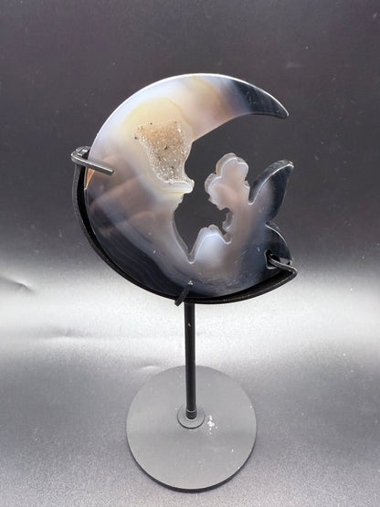 Agate Moon & Fairy with Druzy Cavern