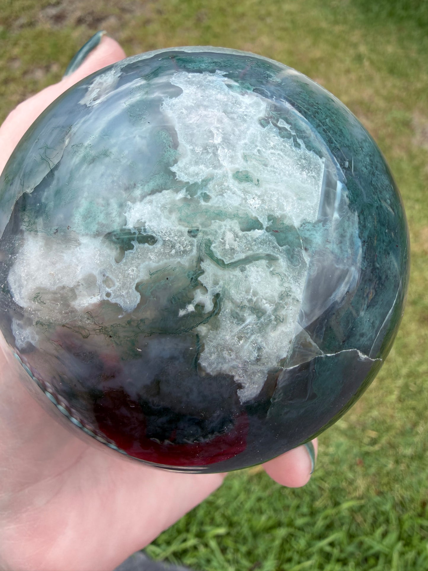 Moss Agate Sphere 7.8cm (658g) | Green & White with Red Inclusion