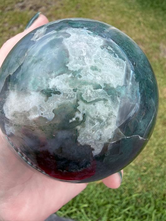 Moss Agate Sphere 7.8cm (658g) | Green & White with Red Inclusion