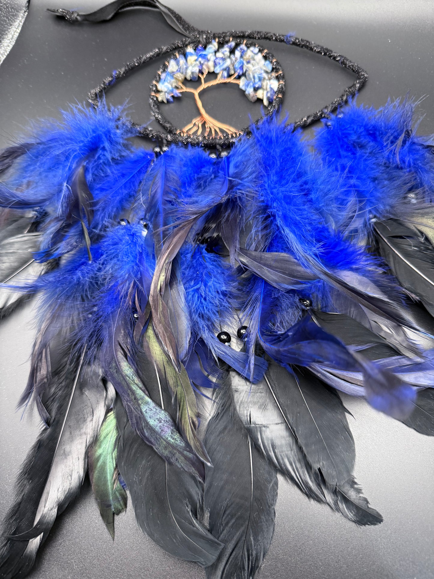 Blue & Black Dreamcatcher with Lapis Lazuli Tree of Life – 35cm
