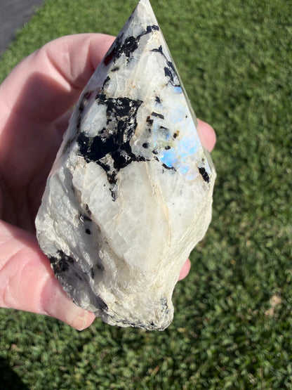 Rainbow Moonstone with Black Tourmaline & Pyrite Polished Point – 228g