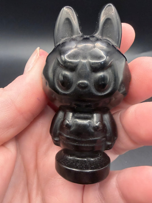 Black Obsidian Labubu-Style Carving – 7 cm