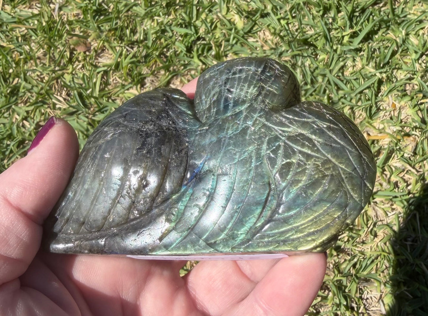 Labradorite Owl Carving – 236g (Gold & Blue Flash)