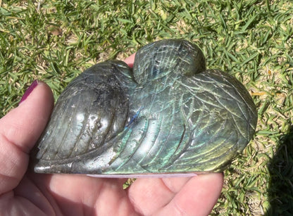 Labradorite Owl Carving – 236g (Gold & Blue Flash)