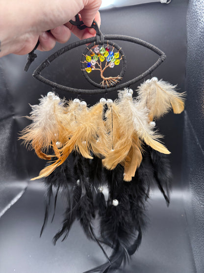 Tree of Life Dreamcatcher with Golden & Black Feathers – 37cm