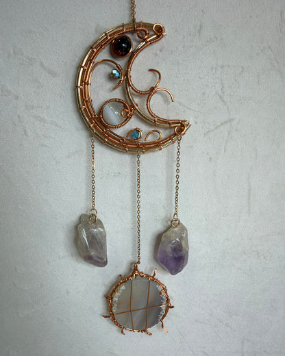 Amethyst, Agate & Cat’s Eye Crescent Moon Wall Hanging – 30cm