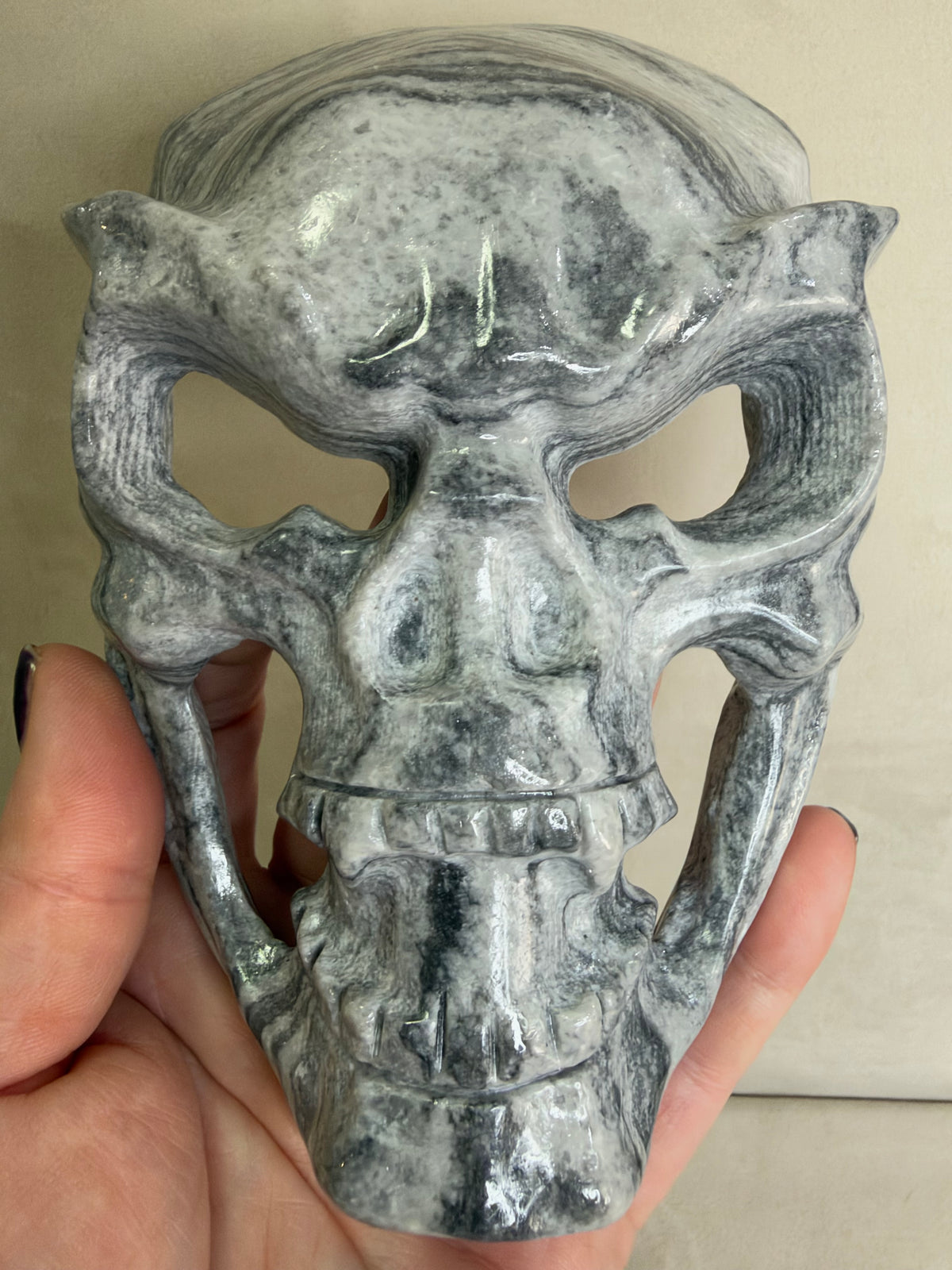 Black Crazy Lace Stone Skull Mask with Stand – 14.5 cm