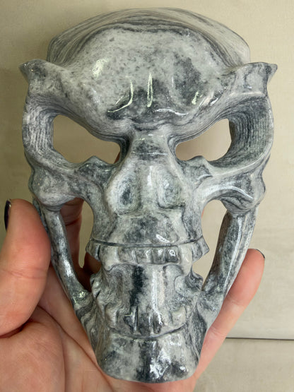 Black Crazy Lace Stone Skull Mask with Stand – 14.5 cm