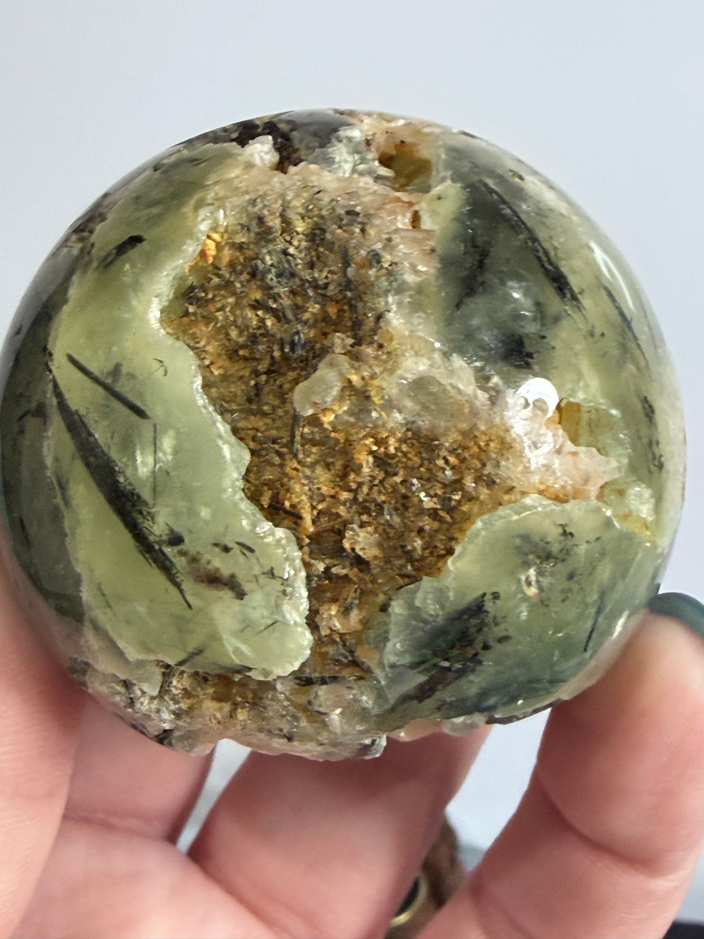 Prehnite with Epidote & Calcite Crystal Cave Sphere C - 5.7cm