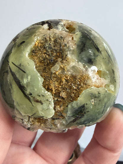 Prehnite with Epidote & Calcite Crystal Cave Sphere C - 5.7cm