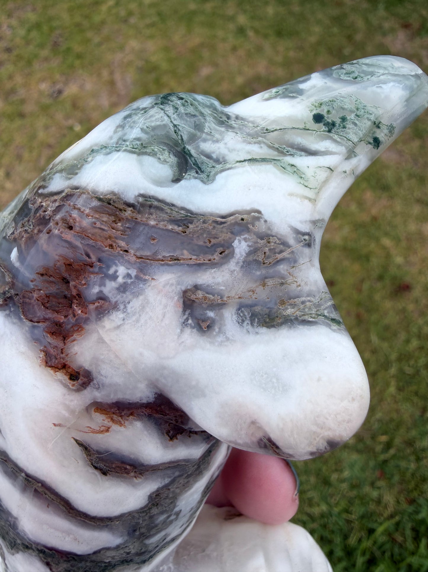 Moss Agate Dolphin Carving — 762g