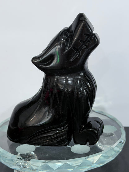 Black Obsidian Howling Wolf Crystal Carving – 10cm
