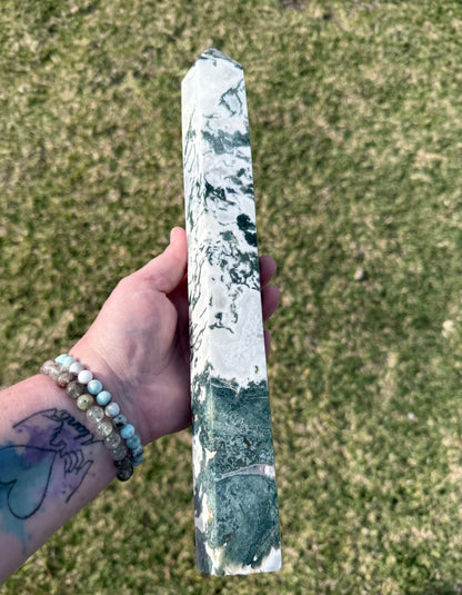 Extra Large Moss Agate Tower with Druzy 35cm 1.4kg