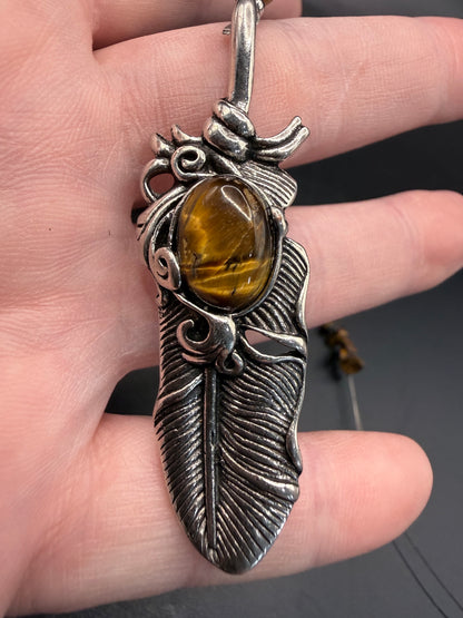 Tiger’s Eye Tree of Life with Feather Hanging Crystal