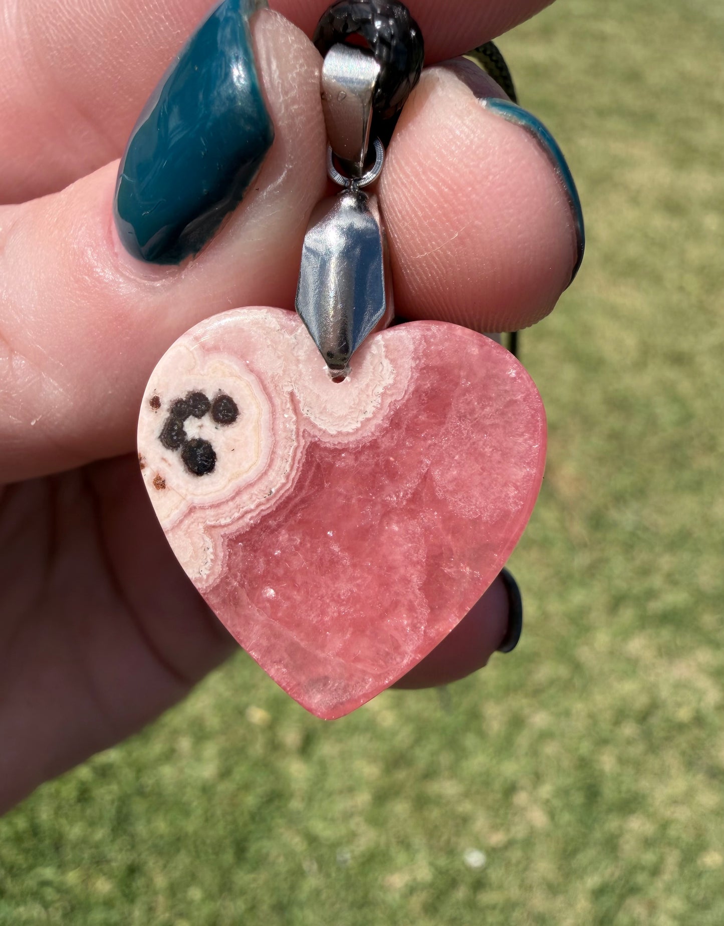 Rhodochrosite Heart Pendant Necklace – 50cm Rope Chain (Gift Box Included)