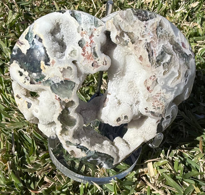Unique Moss Agate Druzy Heart with Stand