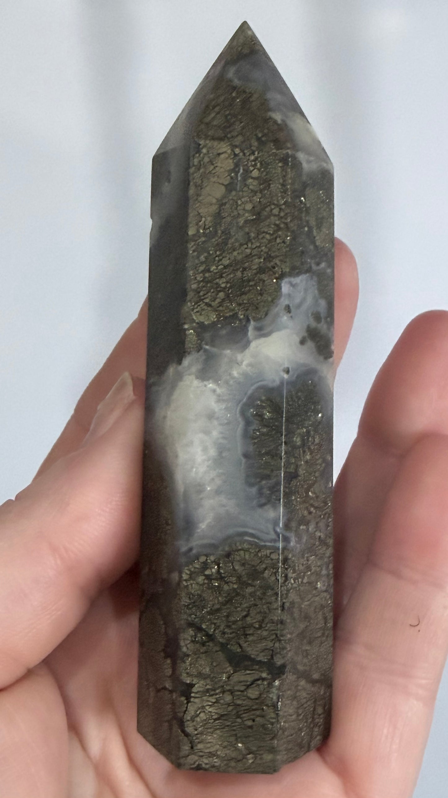 Marcasite in Agate Crystal Tower – 10cm | 123g