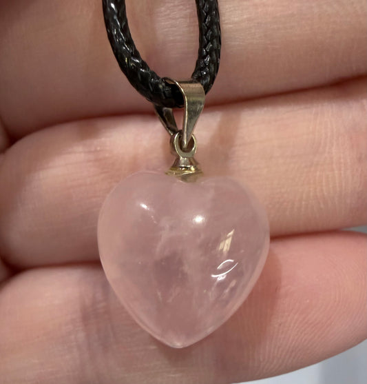 Rose Quartz Love Heart Pendant with 925 Silver Bail & Black Cord (1.7cm)