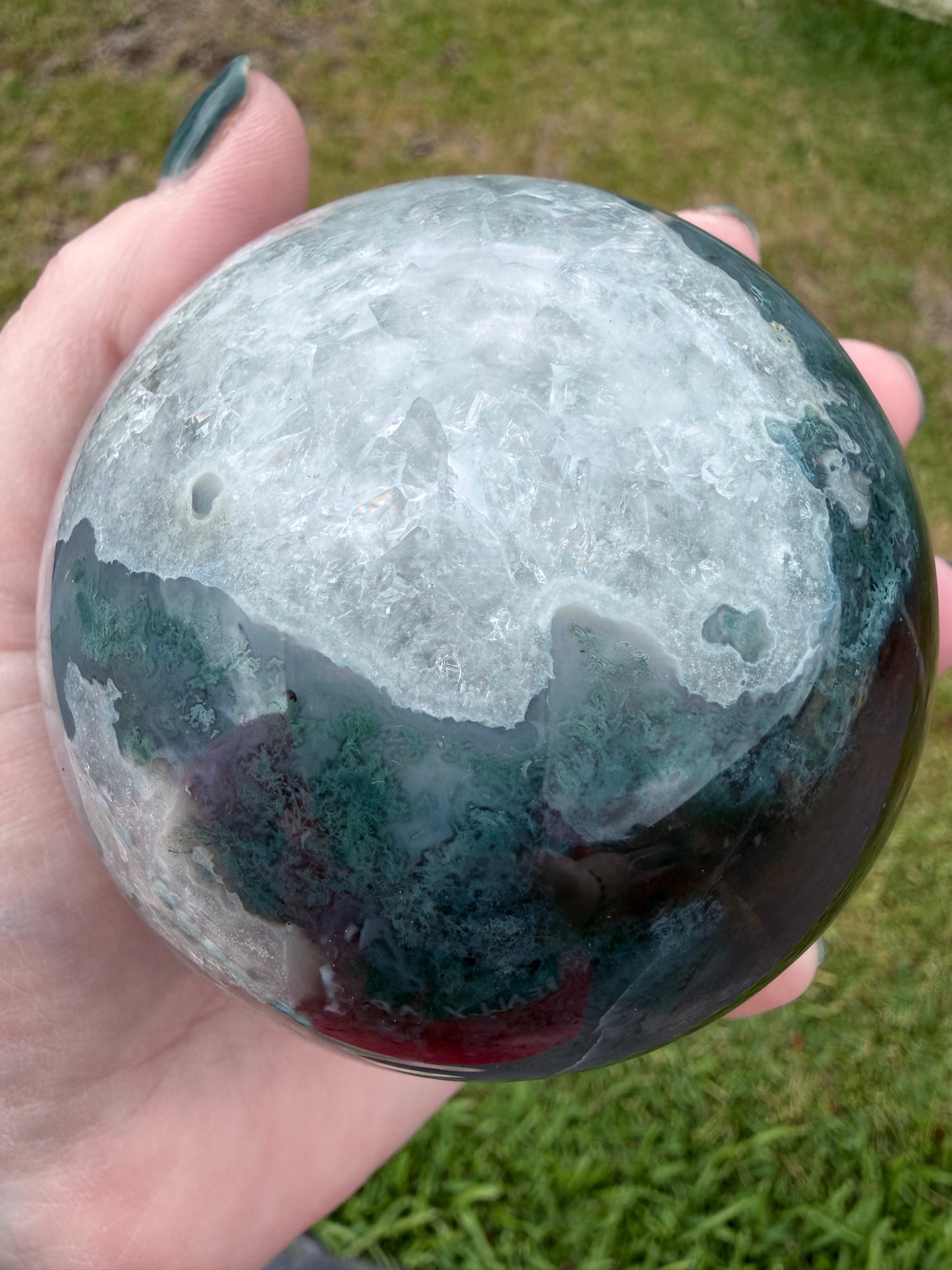 Moss Agate Sphere 7.8cm (658g) | Green & White with Red Inclusion