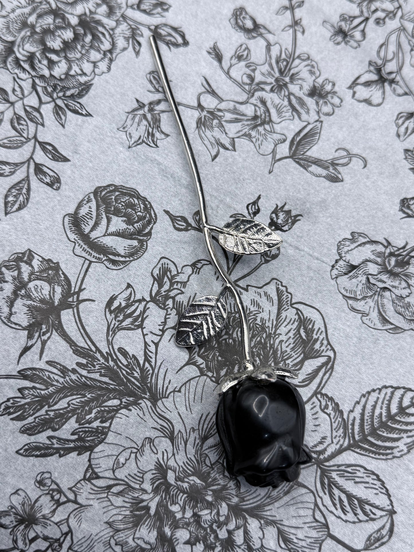 Black Obsidian Rose Carving on Stem (15cm)